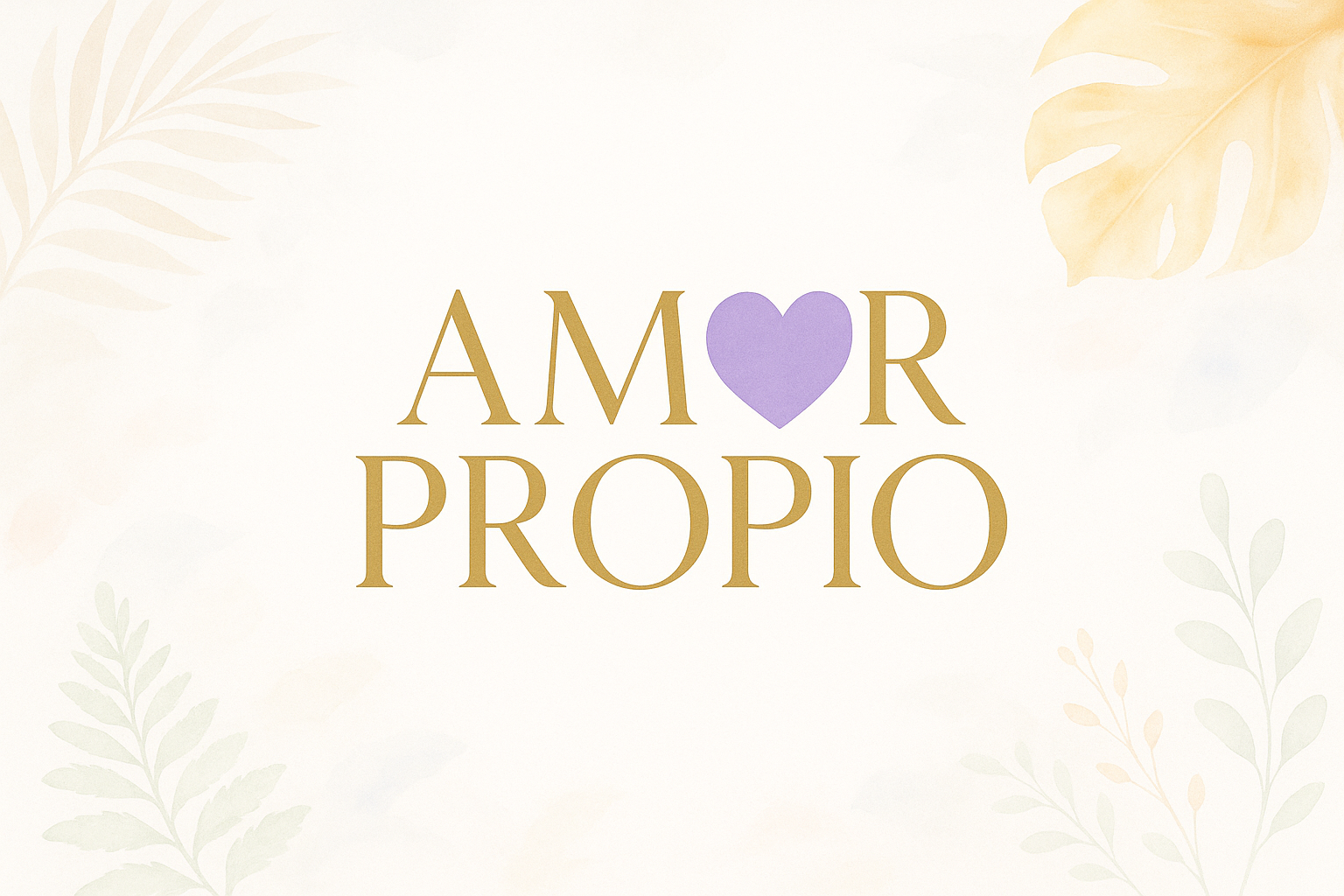 portada para e-commerce con logo "AMR PROPIO" en dorado y la O de "amor" en morado y tiene forma de la silueta de un corazon. Fondo en blanco o tono claro con algunos detalles veraniegos. Frescura.